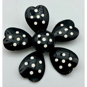 1960s Figural Black-White Polka Dot Enamel Flower Metal Pin-Estate Find